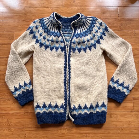 Vintage Sweaters - Scandinavian Vintage Wool Woven Winter Sweater Nordic Warm Blue Holiday Cardigan